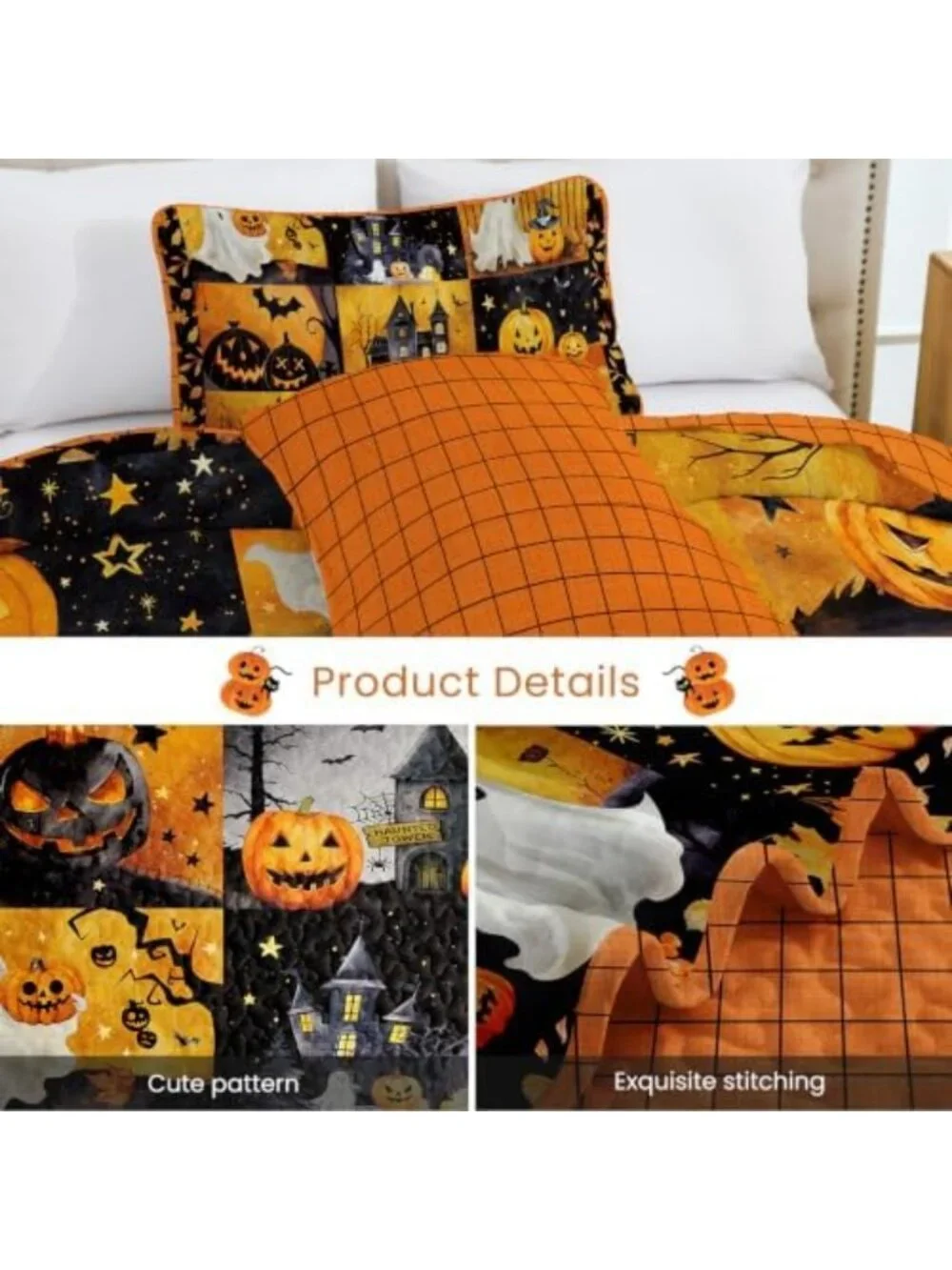 King Size Halloween Quilt Set - Patchwork Black & Orange Bedspread Coverlet